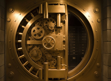 Close-up image of a vault door with a metal lock.の素材