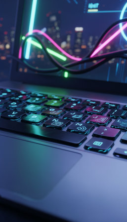 Close up of laptop keyboard with glowing forex chart on blurry backgroundの素材