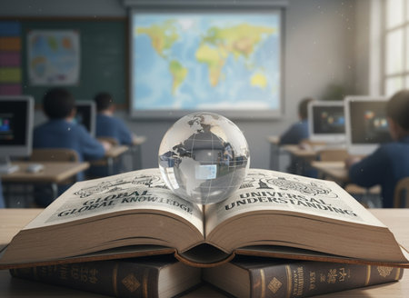 Open book with globe on desk in classroom. 3d illustration.の素材
