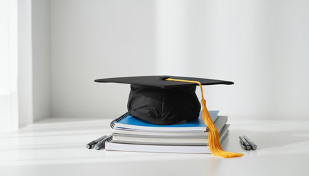 Graduation cap on stack of books on white background with copy spaceの素材