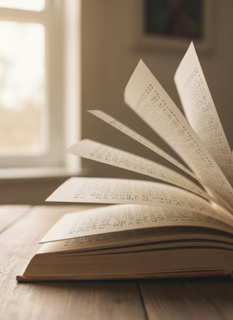 Open book on a wooden table with a window in the background.の素材