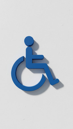 Blue handicapped sign on a white wall. 3D illustration.の素材