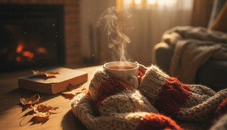 Cup of hot tea wrapped in a warm knitted scarf on the background of a fireplaceの素材