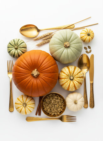 Autumn composition with pumpkins and cutlery on white backgroundの素材