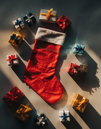 Christmas stocking and gifts on gray background. Flat lay, top viewの素材