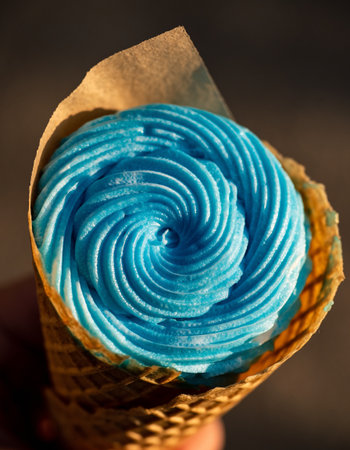 Blue ice cream in waffle cone on dark background. Toned.の素材