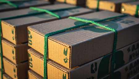 Stack of carton boxes with green ribbons in warehouse, stock photoの素材