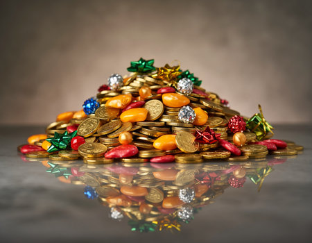 Pile of gold coins with christmas decoration on dark background.の素材
