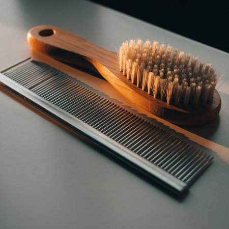 Wooden comb and hairbrush on a gray background. Selective focus.の素材