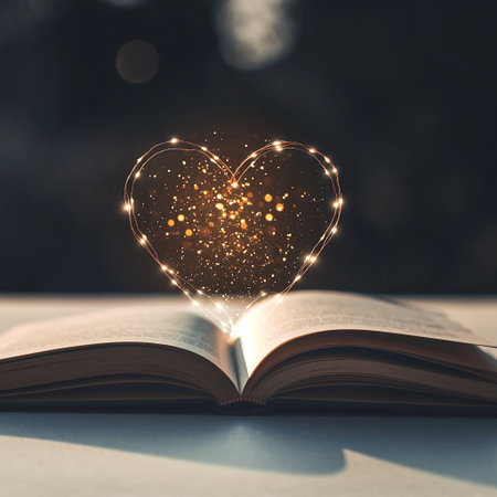 Open book with glowing heart on pages. Valentines day concept.の素材