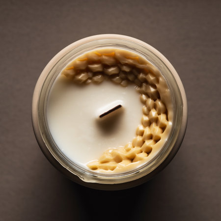 Aroma candle in a glass jar on a dark background, top viewの素材