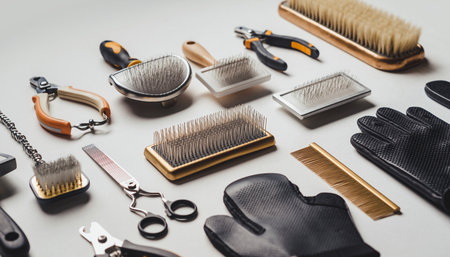 Professional hairdresser tools on white background. Top view.の素材