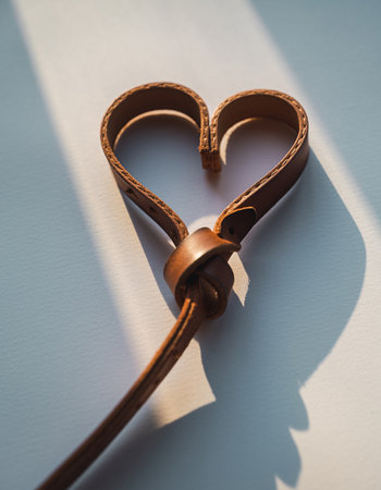 Brown leather belt with a heart shape on a white background. Valentine's Day.の素材