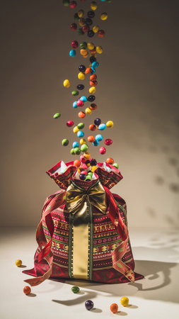 colorful candies falling from a red gift box on a gray backgroundの素材
