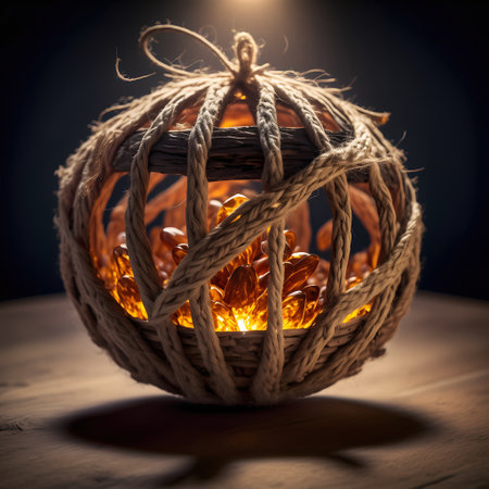 Burning wood in a wicker lamp on a dark background.の素材