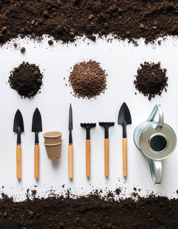 Gardening tools and soil on a white background, top viewの素材