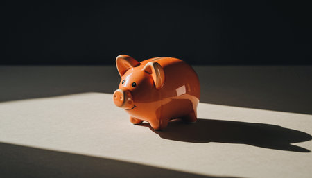 Piggy bank with shadow on a dark background. Concept of saving moneyの素材