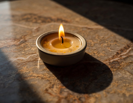 Burning candle in a ceramic bowl on a marble background. Selective focus.の素材