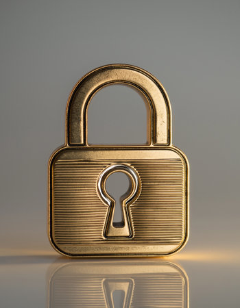 Golden padlock on a gray background with reflection. Security concept.の素材