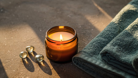 Spa still life with burning candle and towel on concrete background.の素材
