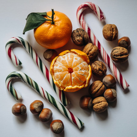 Tangerines, walnuts and candy canes on white backgroundの素材