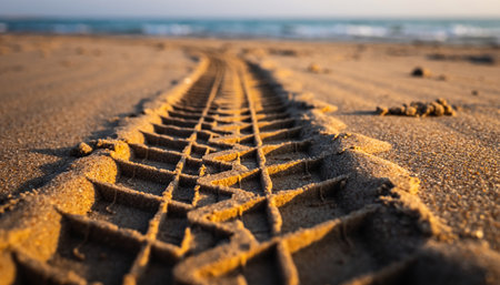 Tire tracks in the sand on the seashore at sunsetの素材
