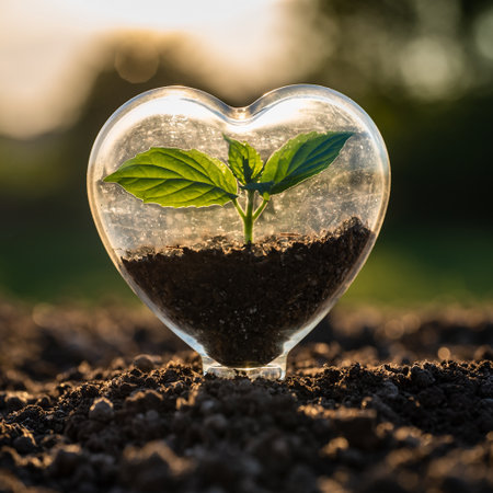 Heart shaped seedling growing inside a glass heart shape with soil on nature backgroundの素材
