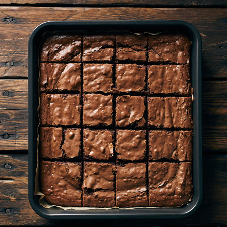 Homemade chocolate brownies in baking dish on wooden background, top viewの素材