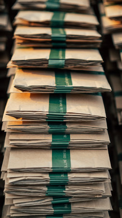 Pile of old papers in a book store. Shallow depth of fieldの素材