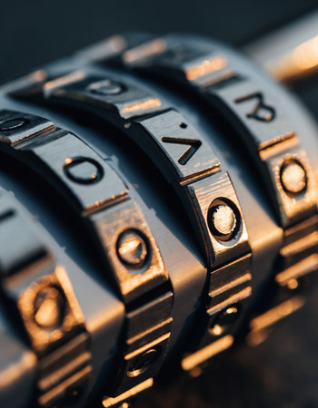 Close-up shot of a combination padlock on a dark backgroundの素材