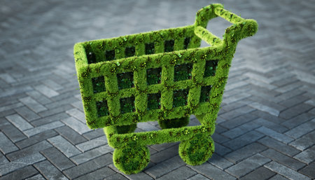 Shopping cart covered with green moss. 3d illustration. Conceptual image.の素材