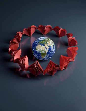 Red origami hearts around the earth. 3D illustration. Elements of this image furnished by NASAの素材