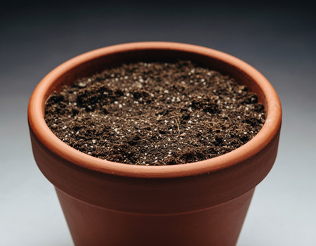 Plant pot with soil on gray background. Selective focus.の素材