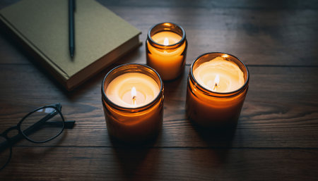 Burning candles on wooden table with notebook and eyeglasses.の素材