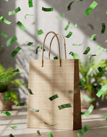 Paper shopping bag with green confetti flying in sunlight. 3d renderingの素材