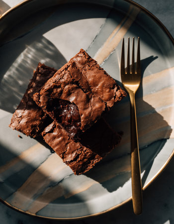 Chocolate brownies on a plate with a golden fork and knifeの素材
