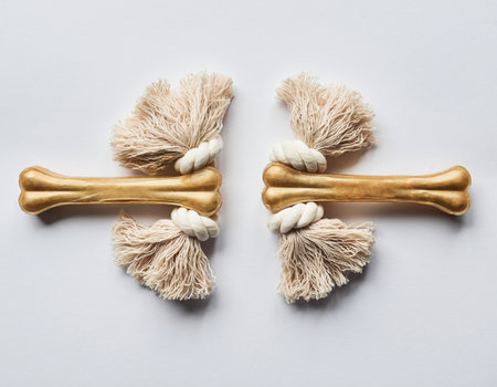 Dog bone with rope isolated on white background. Top view. Flat layの素材