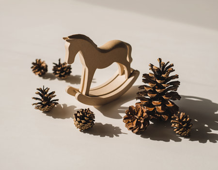 wooden rocking horse and pine cones on white background, christmas decorationの素材