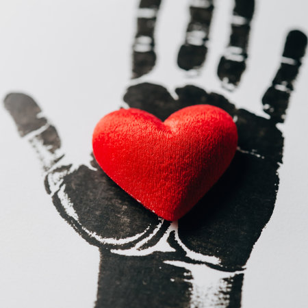Red heart and hand on black background. Valentine's day concept.の素材