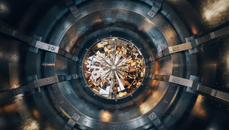 3d rendering of a large metal door with a glass dome insideの素材