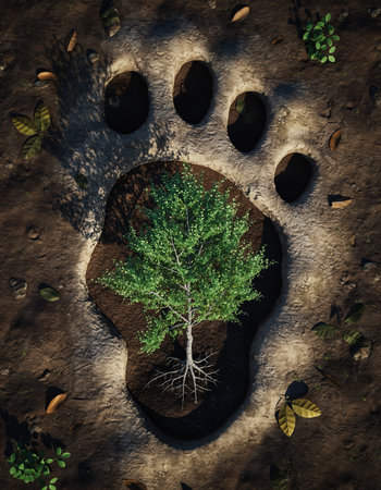 Conceptual image of a human footprint on a ground with a treeの素材