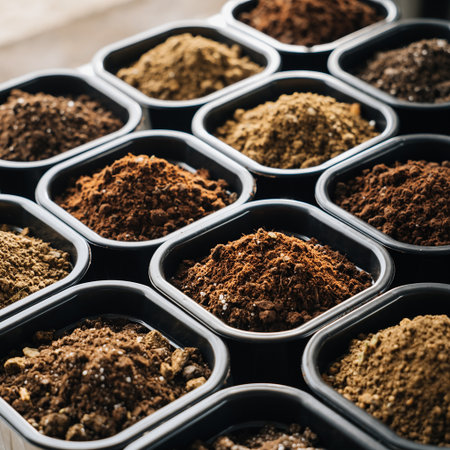 Variety of ground spices in black containers. Selective focus.の素材