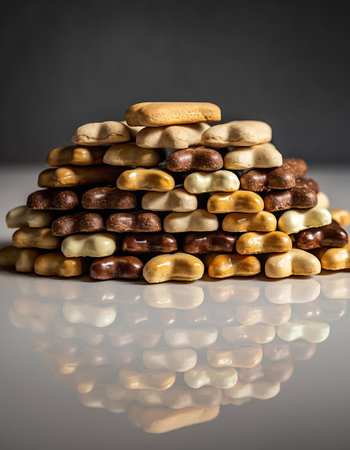 Stack of cookies on black background with reflection. Selective focus.の素材
