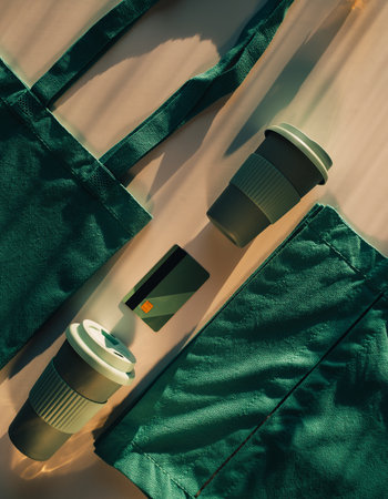 Flat lay composition with coffee cup, camera and bag on white backgroundの素材