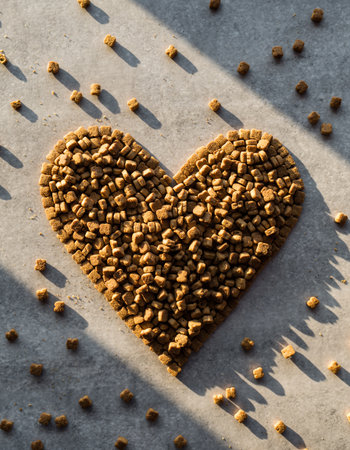 Dry pet food in the shape of a heart on a gray backgroundの素材