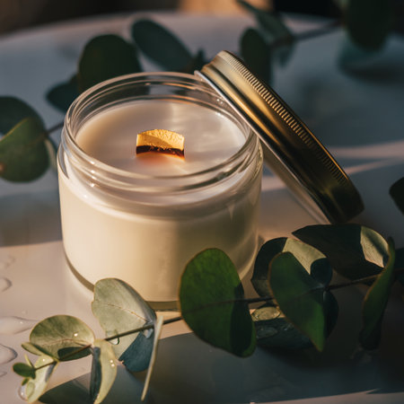 cream in a jar with eucalyptus leaves on a tableの素材