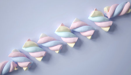 3d rendering of marshmallows in pastel colors on blue backgroundの素材