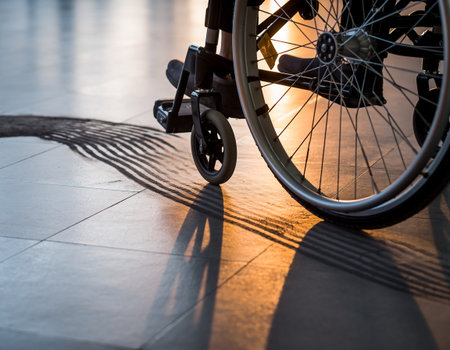 Wheelchair in a hospital, close-up of the wheel.の素材