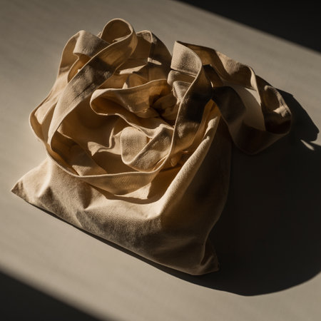 Crumpled beige fabric on a white table. Toned.の素材