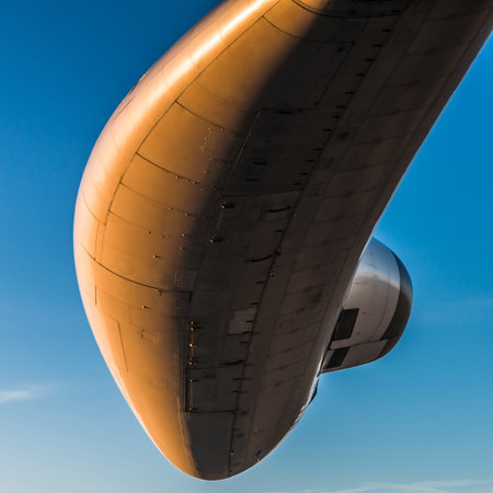 Close-up of the wing of an old airplane against the blue skyの素材